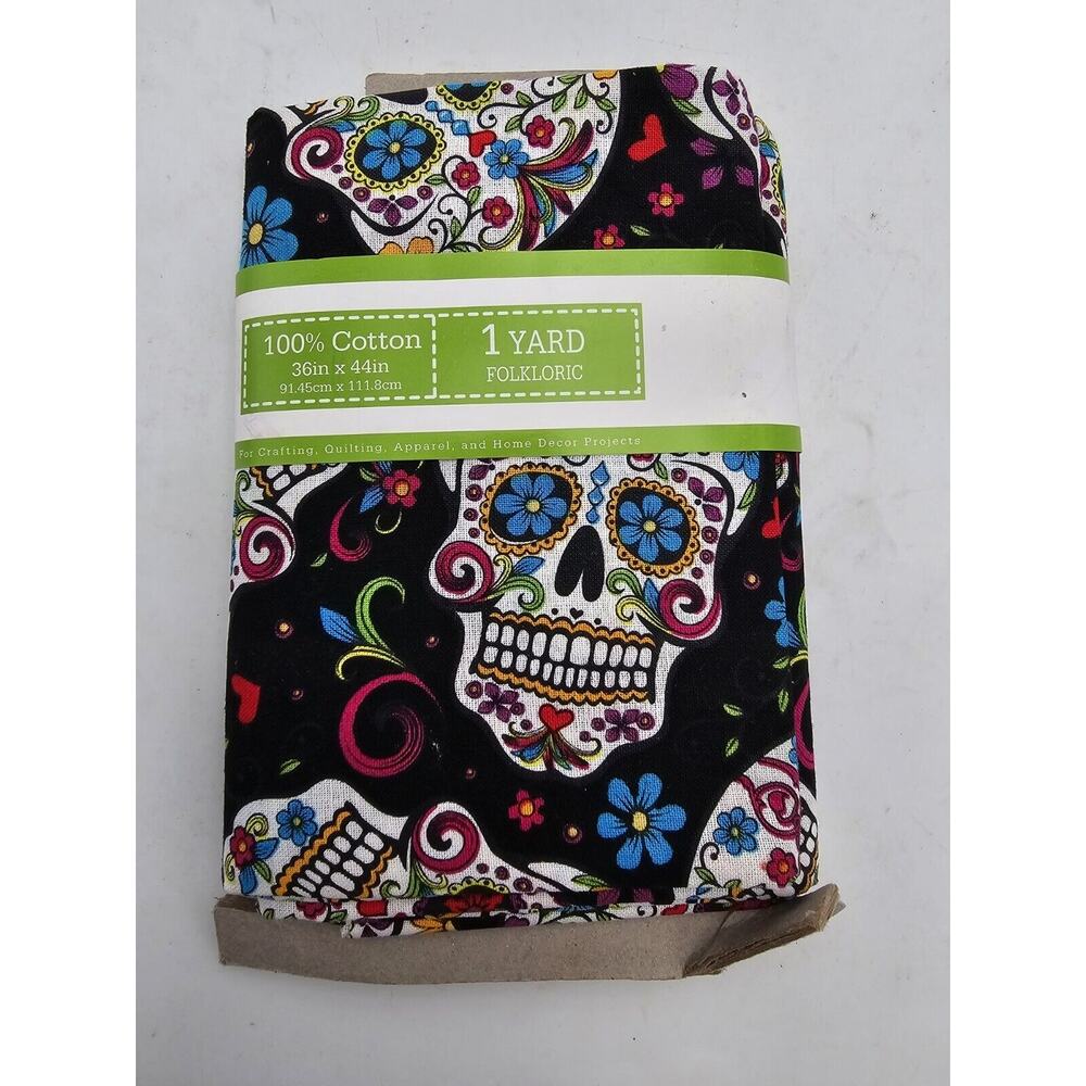 45" 100% cotton novelty fabric "folkloric skulls" by David Textiles 1 Yard #B1